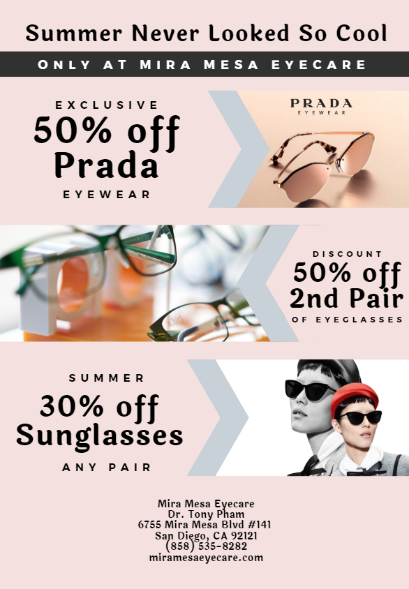 50% off second pair, 50% off Pradas & 30% off any + Summertime Tips